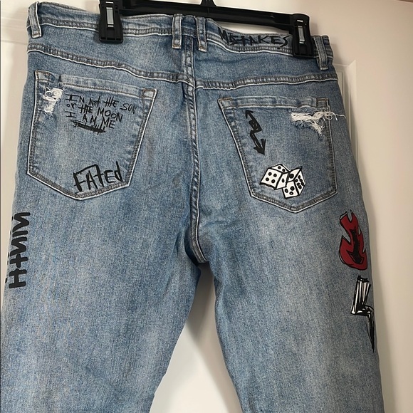 Blue Distressed Graphic Mens Jeans - Picture 6 of 9